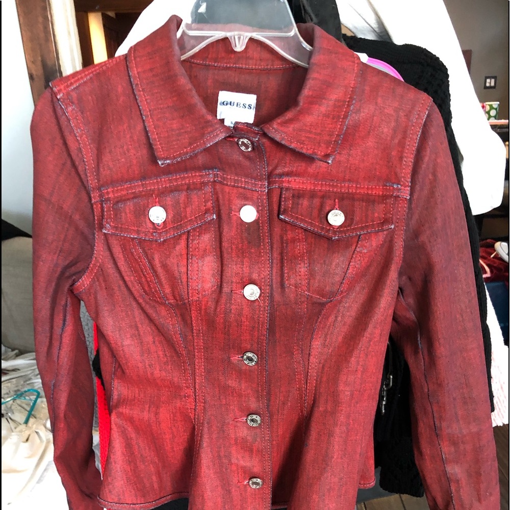 Guess flared waist jean jacket distressed red s/p